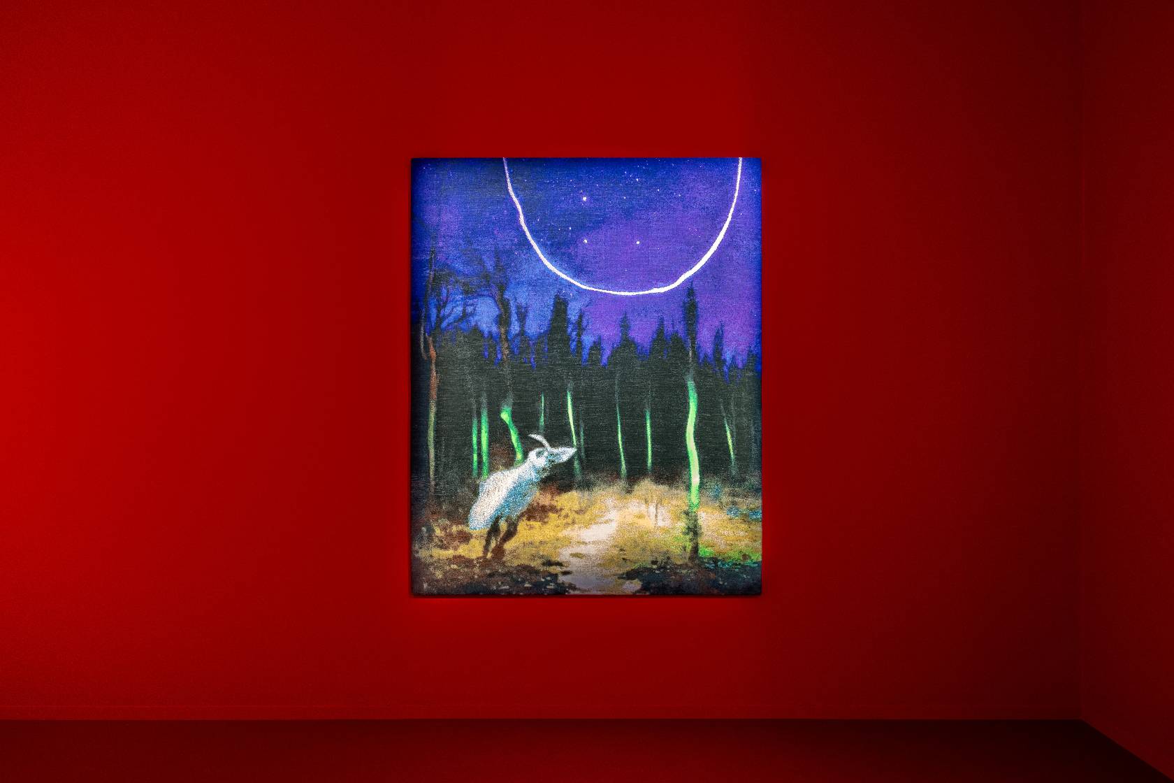 "an unsettling synchronicity appearing in the heart of the forest seen through the eyes of a bearded man as the world enters into resonance" Tapestry from an AI-generated image, Cotton, Wool, Viscose, Metallic fiber, Acrylic, Polyester and Sequins, 200 cm x 150 cm AV-2025-U-754, Unique Courtesy of the artist - Photo Romain Darnaud