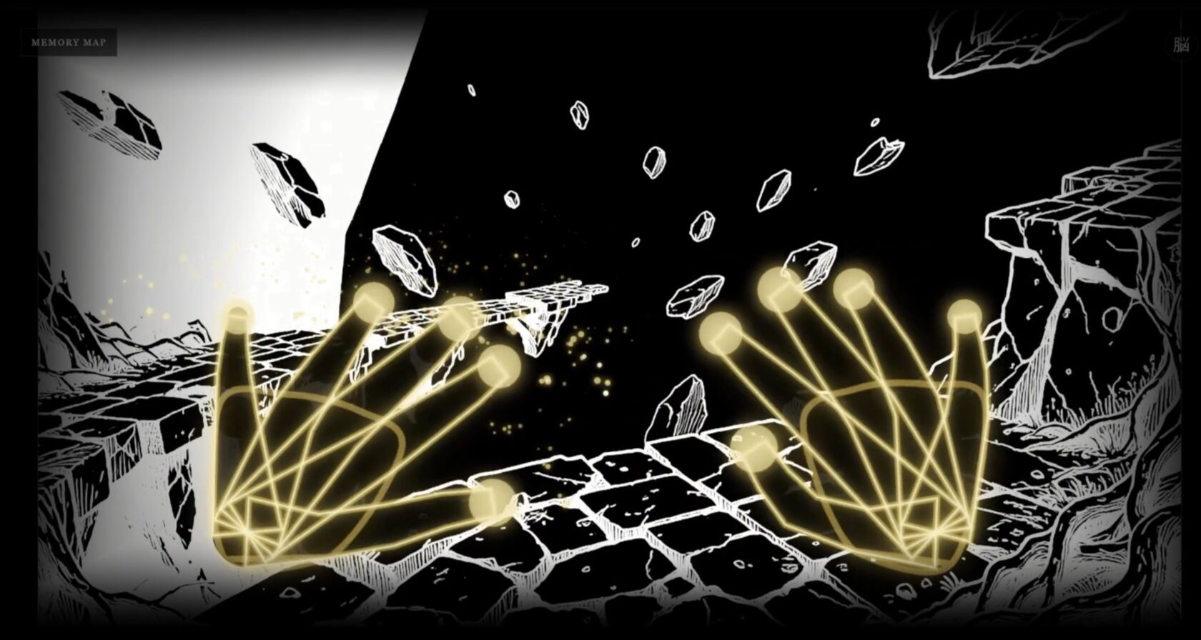 The machine's view of the gesture: tracked hand landmarks rendered as constellations of light.